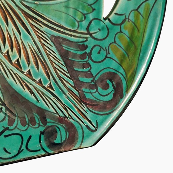 Vintage Moroccan Art Pottery, Green Teal, signed SAFi, Handled Dish, Handcrafted - Picture 8 of 8